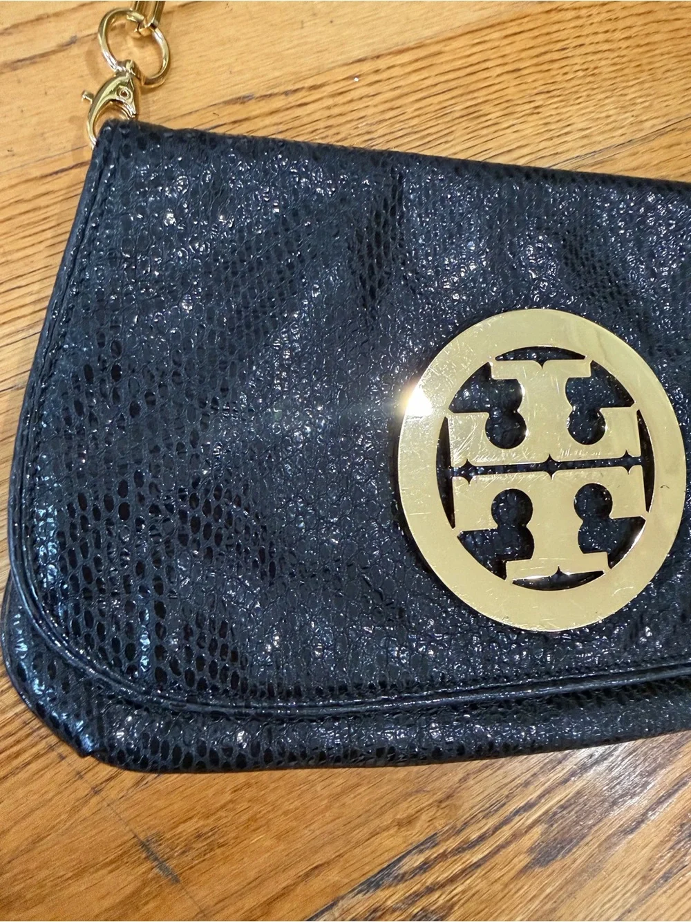 Tory Burch Reva Black Snake Embossed Clutch Crossbody Gold Chain